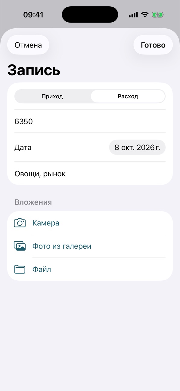 Форма новой записи с вложениями: камера, галерея, файл
